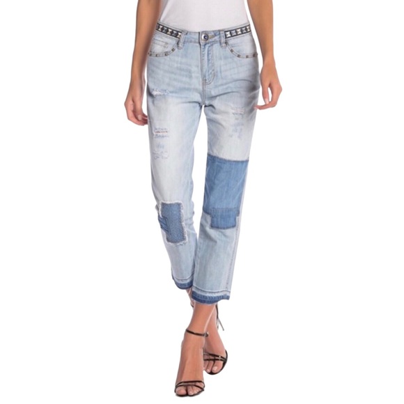 Desigual Demin Jeans Olga Distressed Patched Crop Women Size 28 Blue